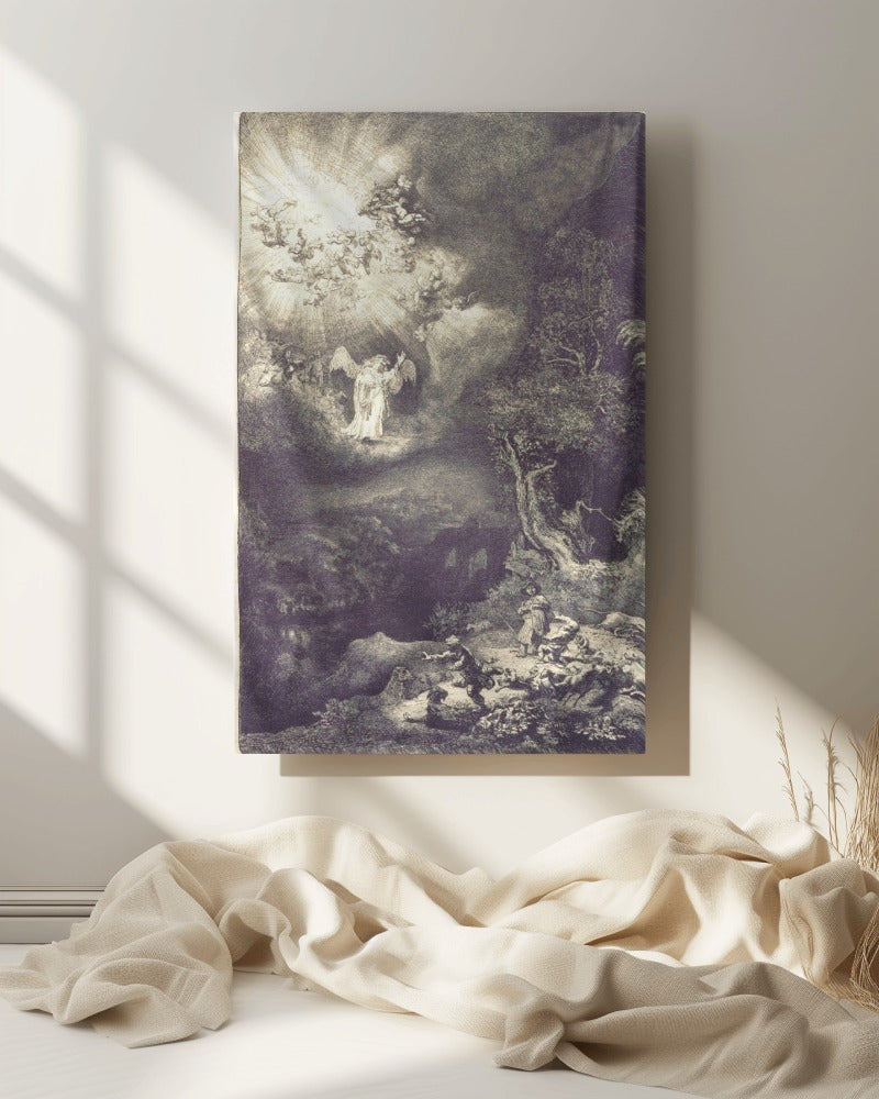 Rembrandt The Annunciation to the Shepherds Holland 17th AD. Painting Tapestry Catholic Christian Orthodox Icon Bible Scripture Christ Gift