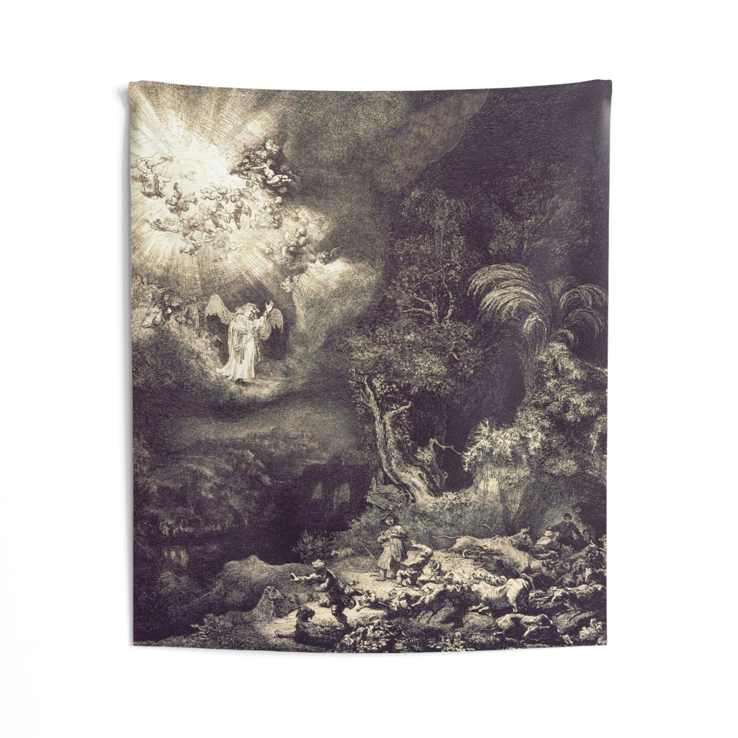Rembrandt The Annunciation to the Shepherds Holland 17th AD. Painting Tapestry Catholic Christian Orthodox Icon Bible Scripture Christ Gift