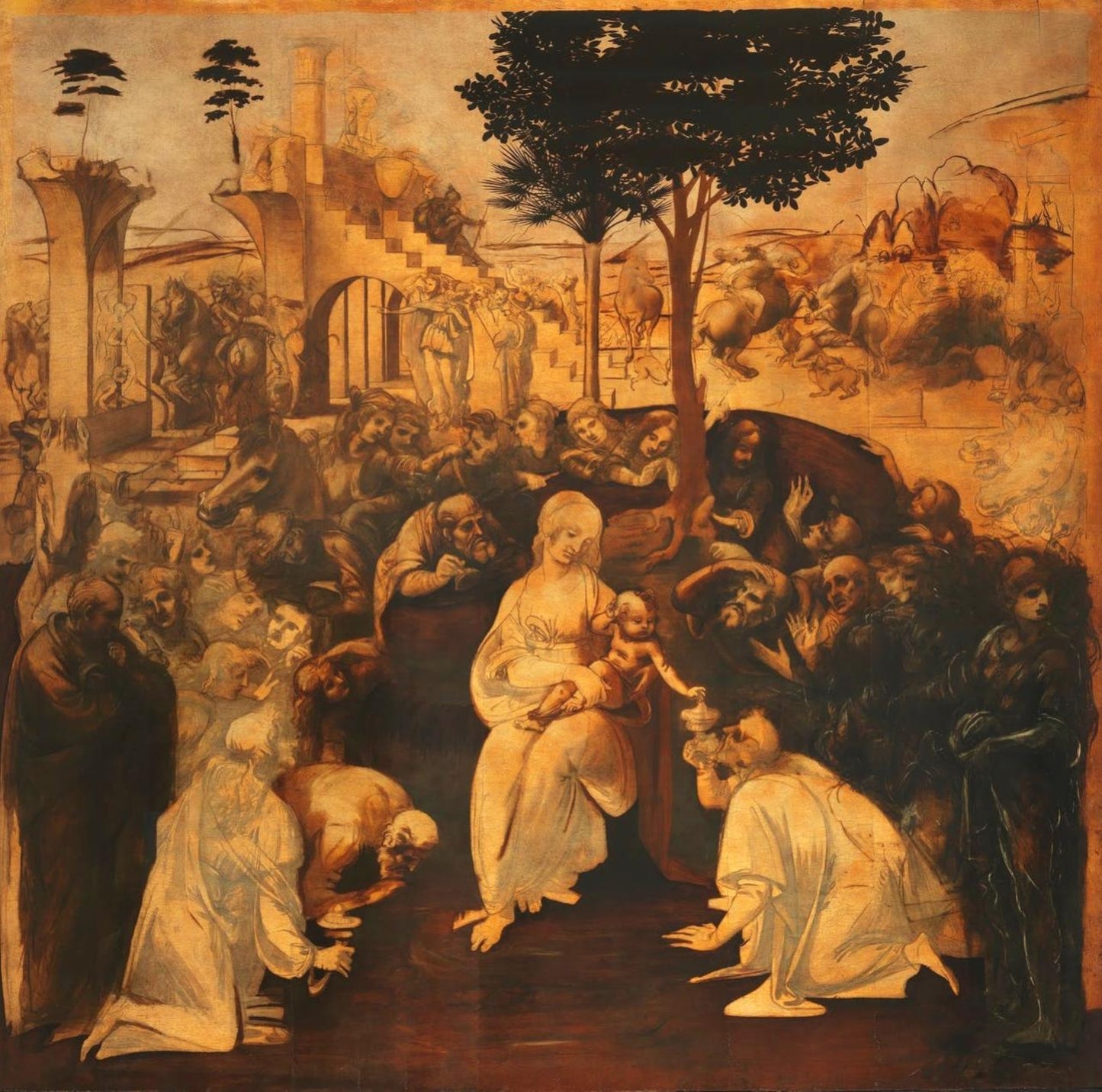 NOT FINISHED Leonardo da Vinci The Adoration of the Magi 1481 Painting Tapestry Catholic Christian Orthodox Icon Bible Scripture Christ Gift