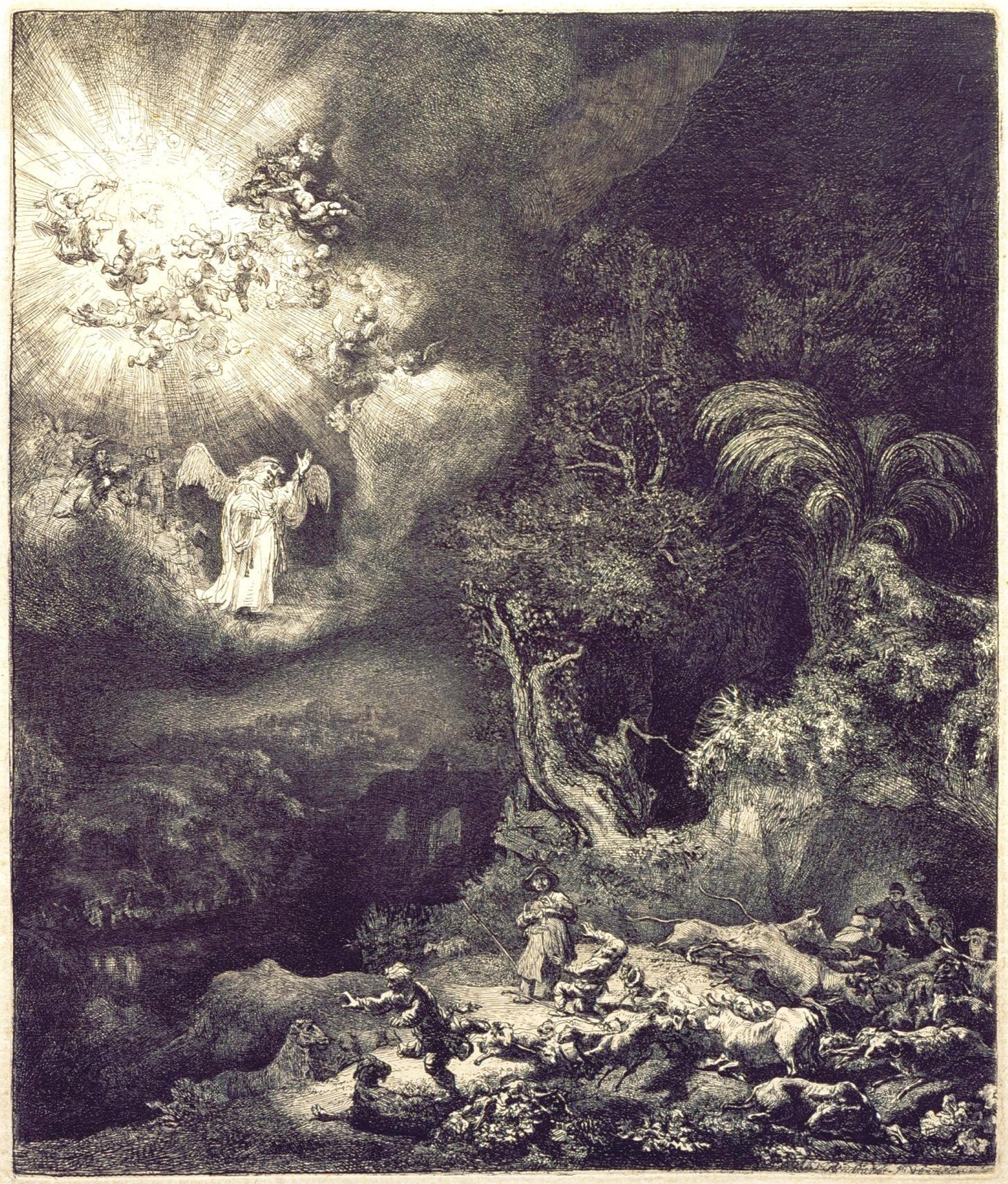 Rembrandt The Annunciation to the Shepherds Holland 17th AD. Painting Tapestry Catholic Christian Orthodox Icon Bible Scripture Christ Gift
