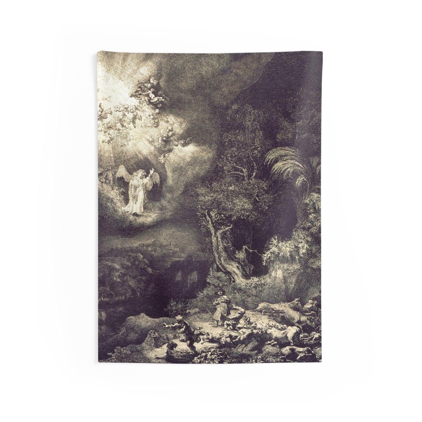 Rembrandt The Annunciation to the Shepherds Holland 17th AD. Painting Tapestry Catholic Christian Orthodox Icon Bible Scripture Christ Gift