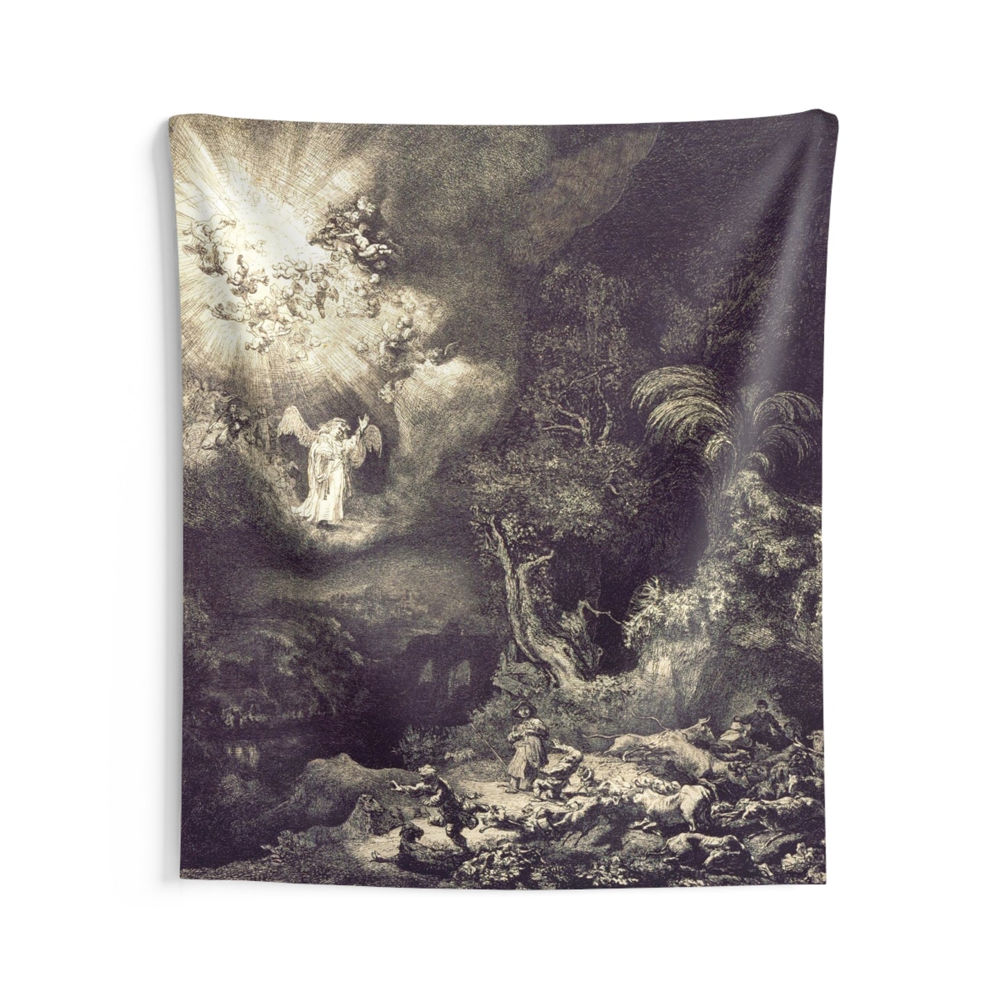 Rembrandt The Annunciation to the Shepherds Holland 17th AD. Painting Tapestry Catholic Christian Orthodox Icon Bible Scripture Christ Gift