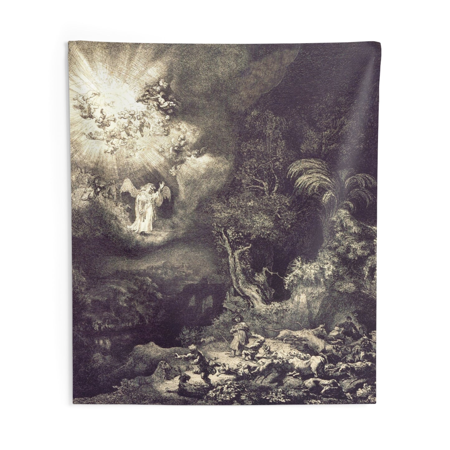 Rembrandt The Annunciation to the Shepherds Holland 17th AD. Painting Tapestry Catholic Christian Orthodox Icon Bible Scripture Christ Gift