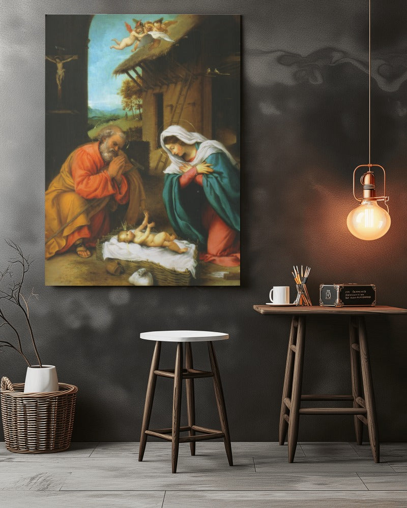 Jesus Adoration of the Christ Child by Lorenzo Lotto 1523 AD. Painting Tapestry Catholic Christian Orthodox Icon Bible Scripture Christ Gift