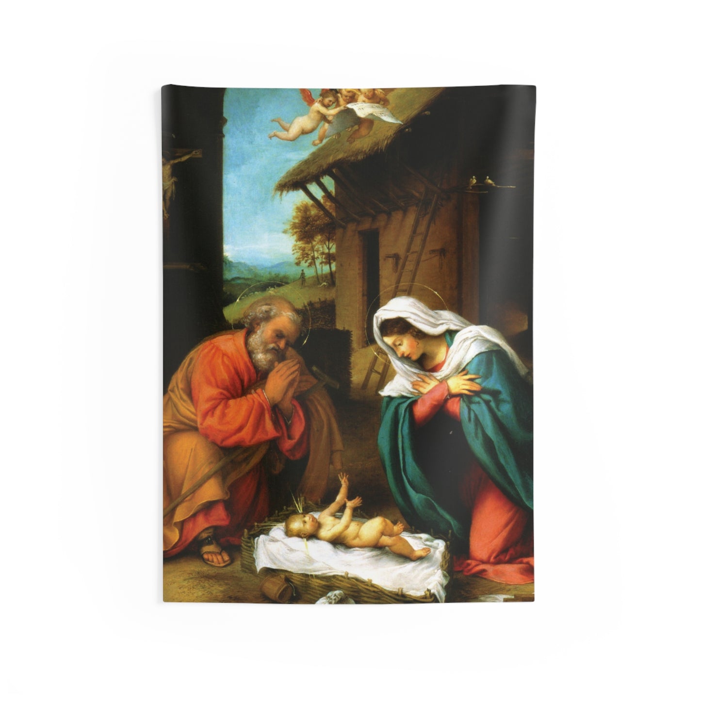Jesus Adoration of the Christ Child by Lorenzo Lotto 1523 AD. Painting Tapestry Catholic Christian Orthodox Icon Bible Scripture Christ Gift