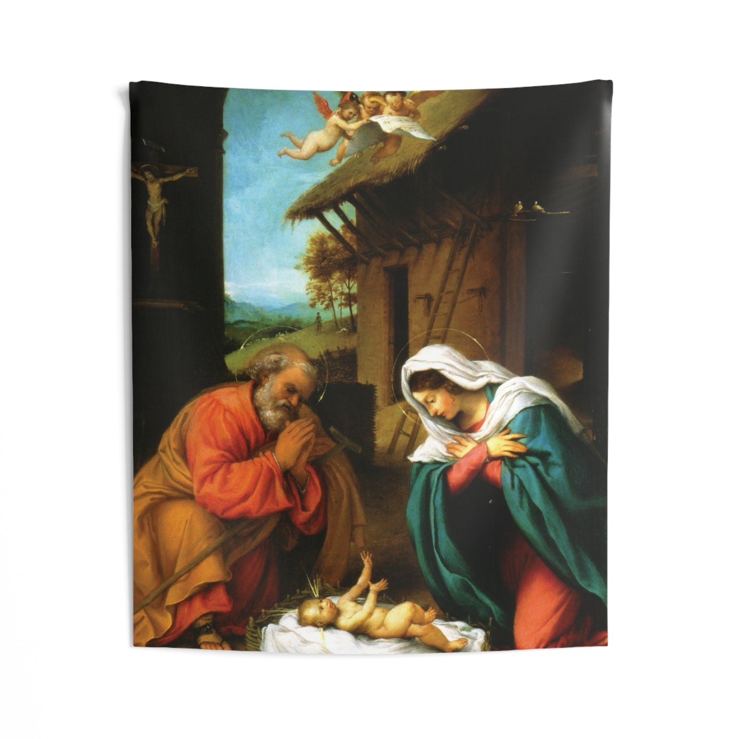 Jesus Adoration of the Christ Child by Lorenzo Lotto 1523 AD. Painting Tapestry Catholic Christian Orthodox Icon Bible Scripture Christ Gift