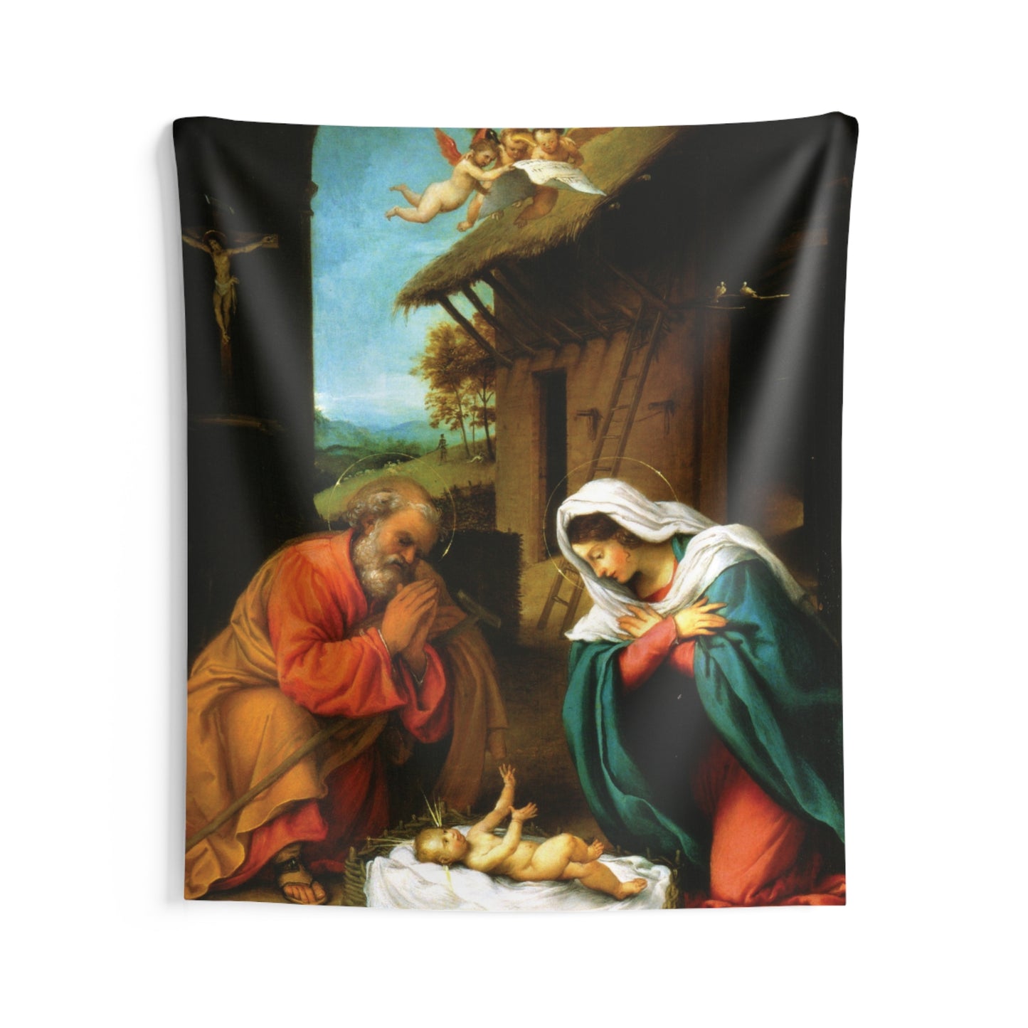 Jesus Adoration of the Christ Child by Lorenzo Lotto 1523 AD. Painting Tapestry Catholic Christian Orthodox Icon Bible Scripture Christ Gift