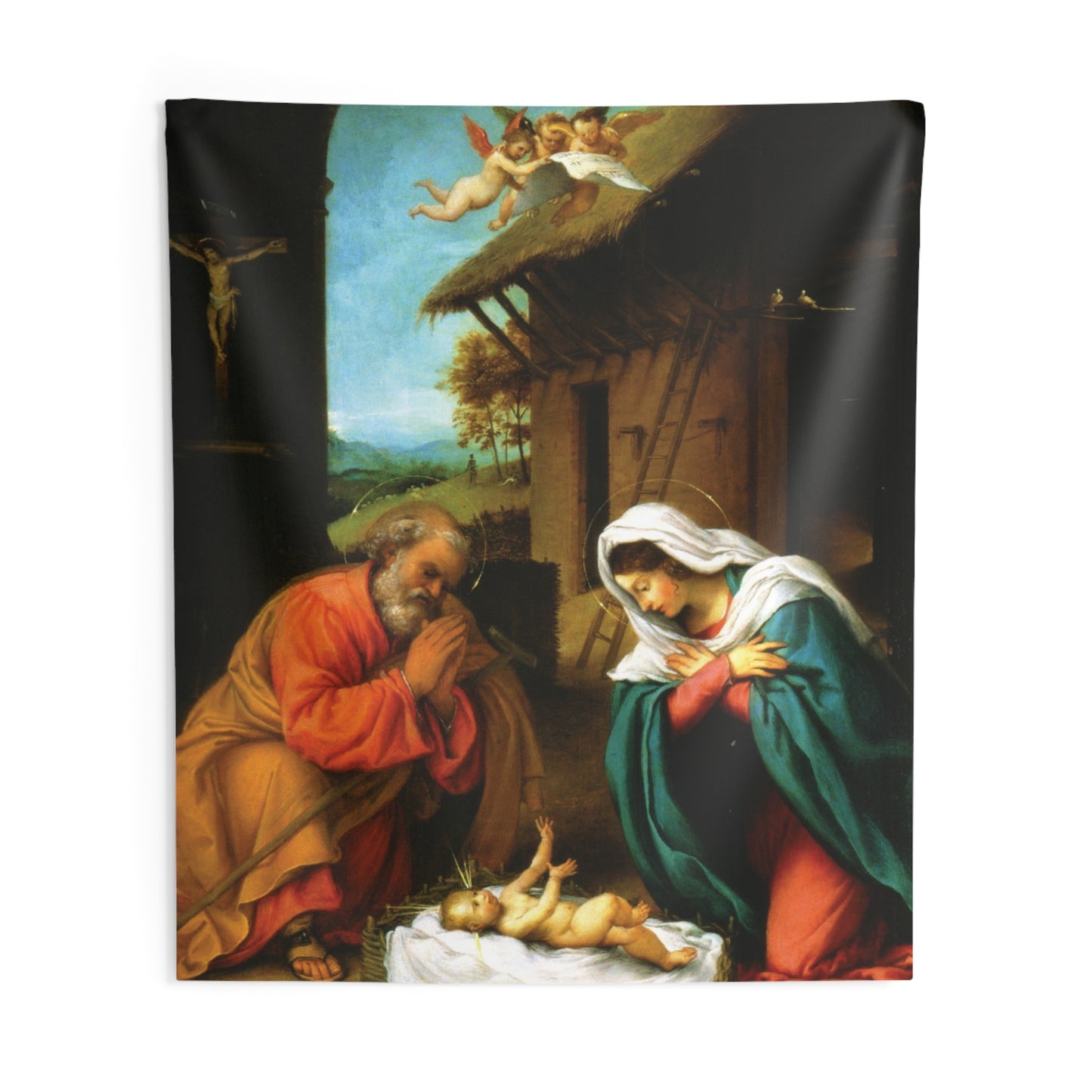 Jesus Adoration of the Christ Child by Lorenzo Lotto 1523 AD. Painting Tapestry Catholic Christian Orthodox Icon Bible Scripture Christ Gift