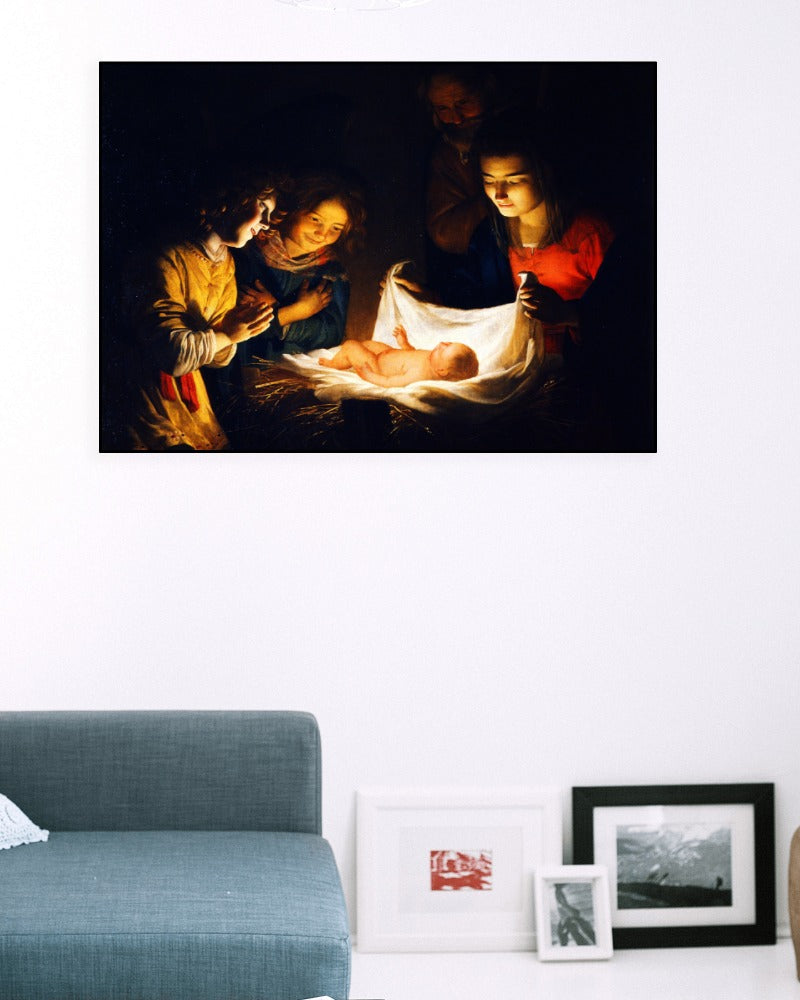 Jesus Adoration of the Child by Gerard van Honthorst 1620 Oil Painting Tapestry Catholic Christian Orthodox Icon Bible Scripture Christ Gift