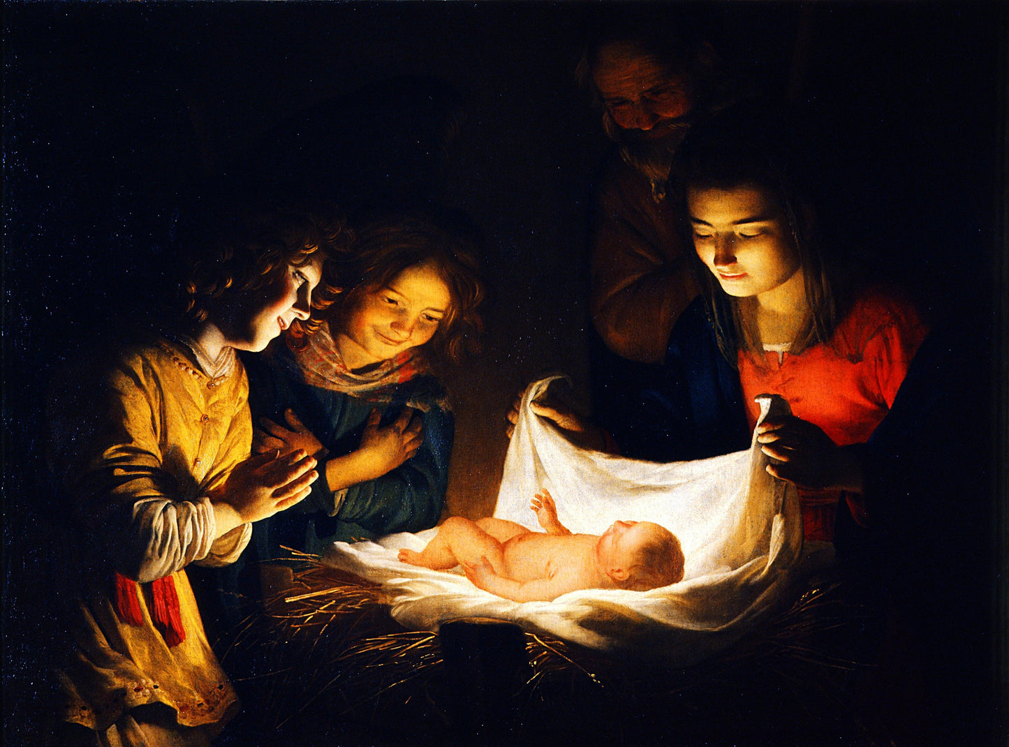 Jesus Adoration of the Child by Gerard van Honthorst 1620 Oil Painting Tapestry Catholic Christian Orthodox Icon Bible Scripture Christ Gift