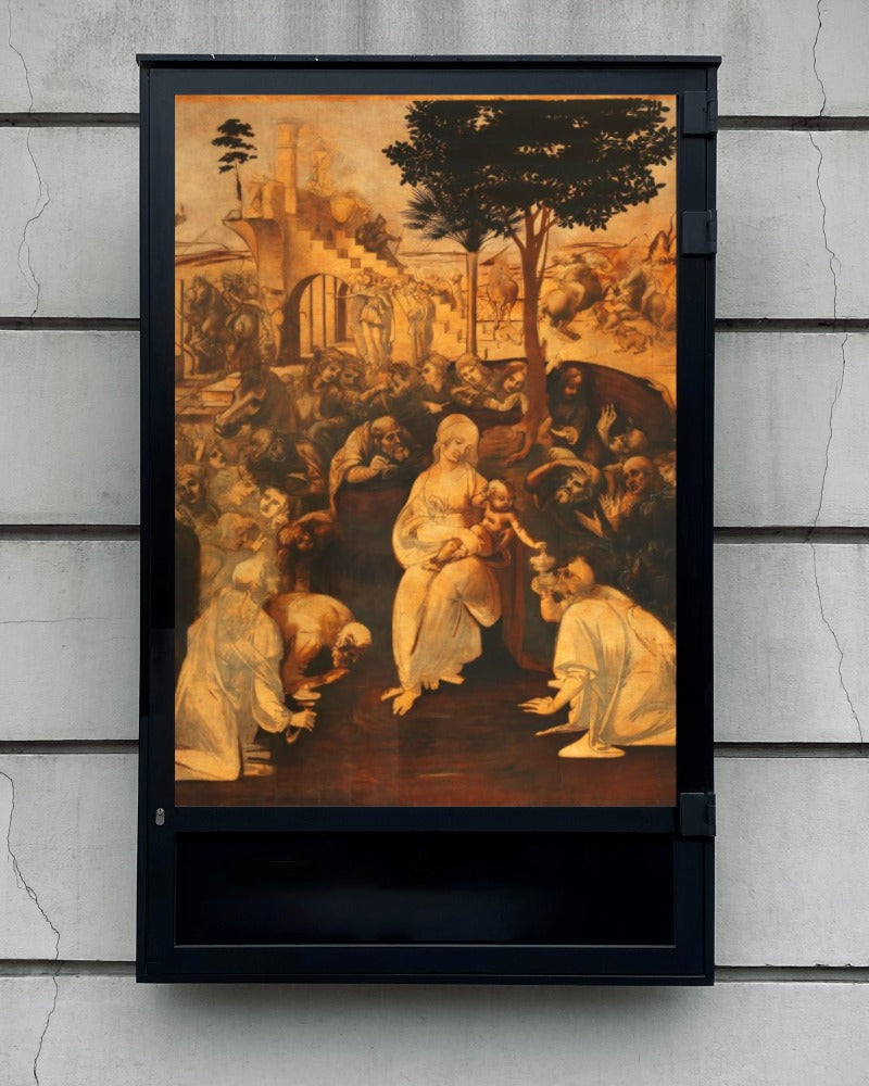 NOT FINISHED Leonardo da Vinci The Adoration of the Magi 1481 Painting Tapestry Catholic Christian Orthodox Icon Bible Scripture Christ Gift