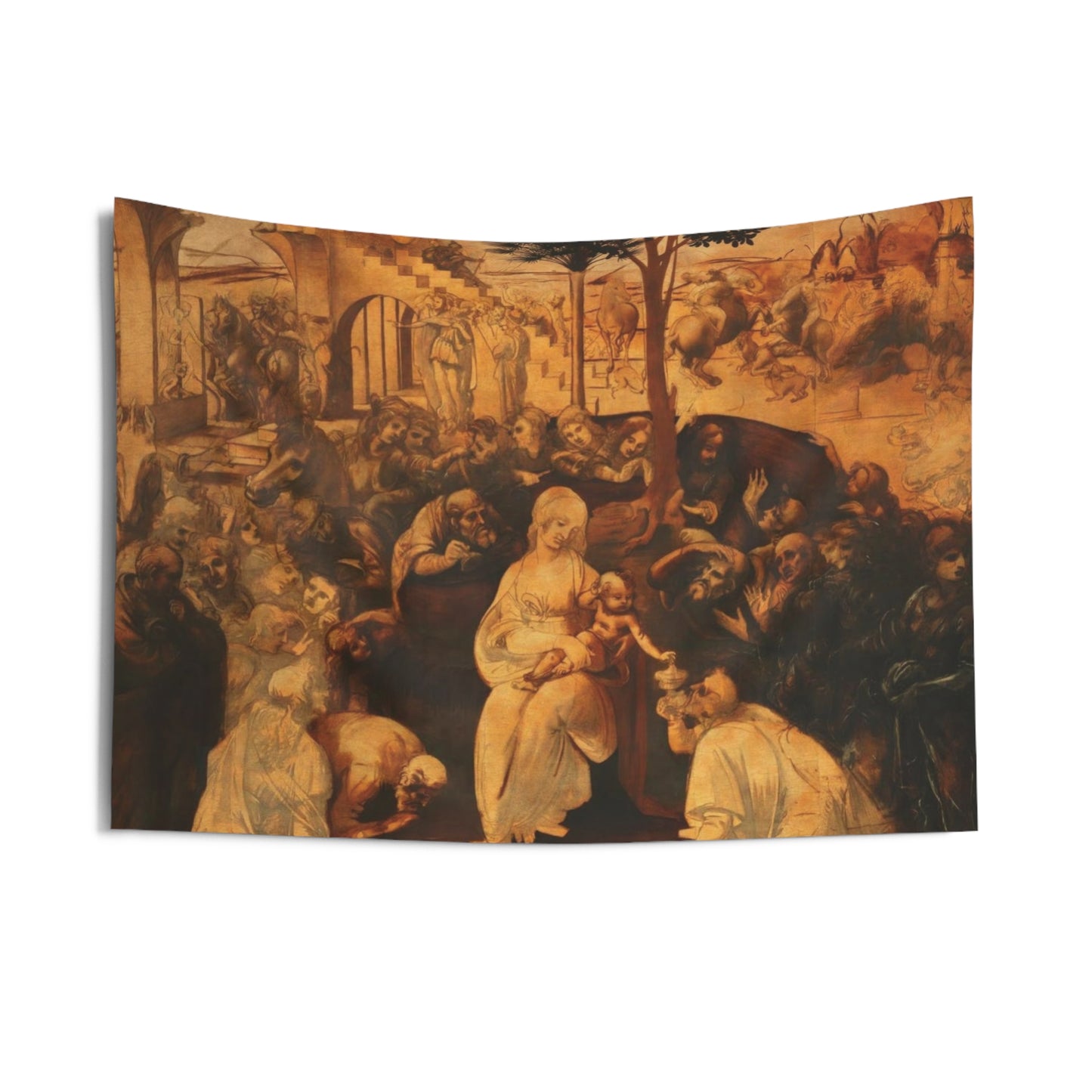 NOT FINISHED Leonardo da Vinci The Adoration of the Magi 1481 Painting Tapestry Catholic Christian Orthodox Icon Bible Scripture Christ Gift