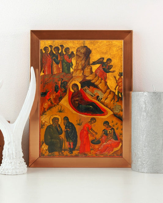 Jesus Christ Mary Nativity by Victor of Crete 17th AD Tempera Painting Tapestry Catholic Christian Orthodox Icon Bible Scripture Christ Gift