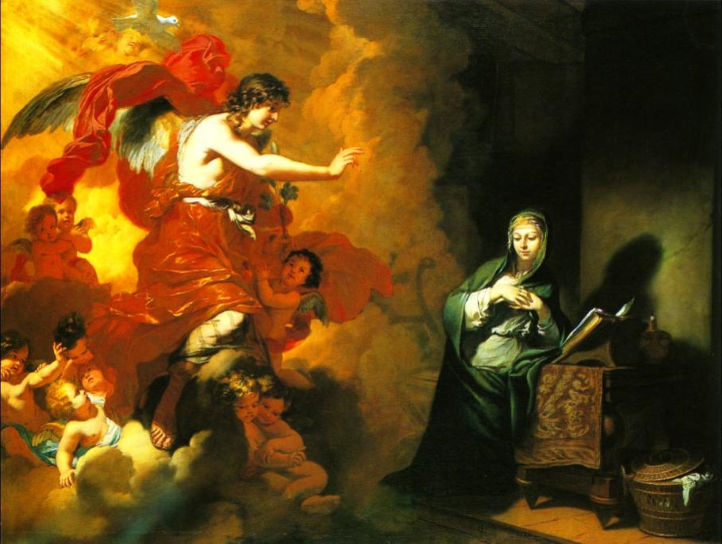 The Annunciation by Gerard de Lairesse 1668 Dutch Golden Age Oil on Canvas Tapestry Orthodox Catholic Christian Bible Scripture Christ Gift