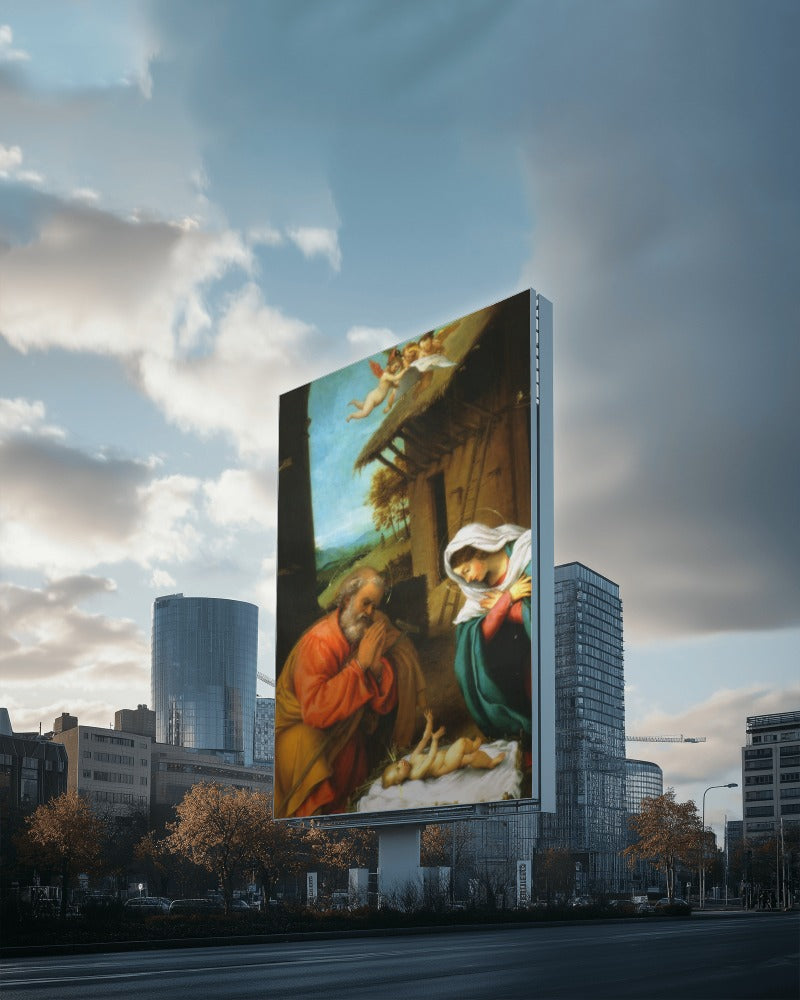 Jesus Adoration of the Christ Child by Lorenzo Lotto 1523 AD. Painting Tapestry Catholic Christian Orthodox Icon Bible Scripture Christ Gift