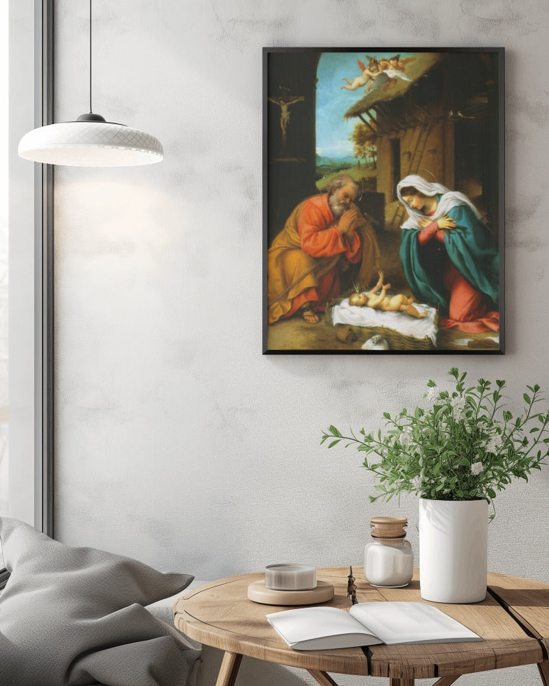 Jesus Adoration of the Christ Child by Lorenzo Lotto 1523 AD. Painting Tapestry Catholic Christian Orthodox Icon Bible Scripture Christ Gift