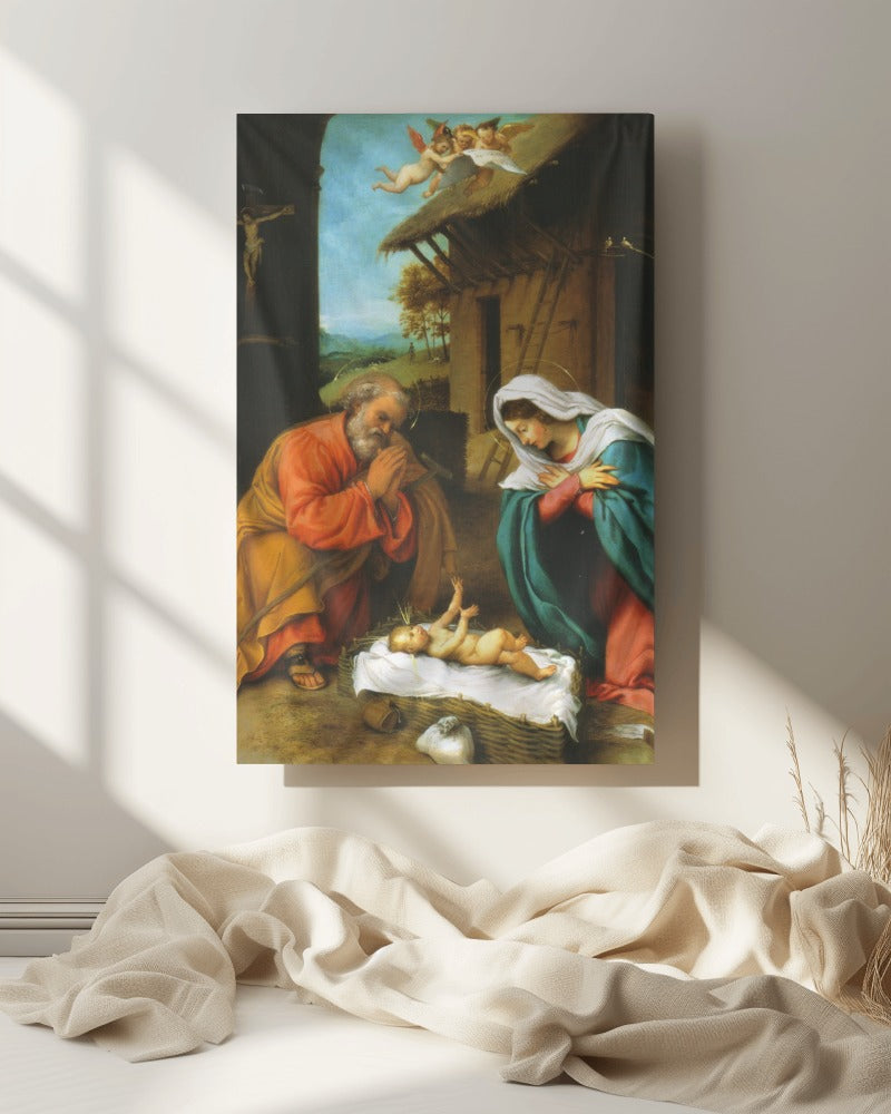 Jesus Adoration of the Christ Child by Lorenzo Lotto 1523 AD. Painting Tapestry Catholic Christian Orthodox Icon Bible Scripture Christ Gift