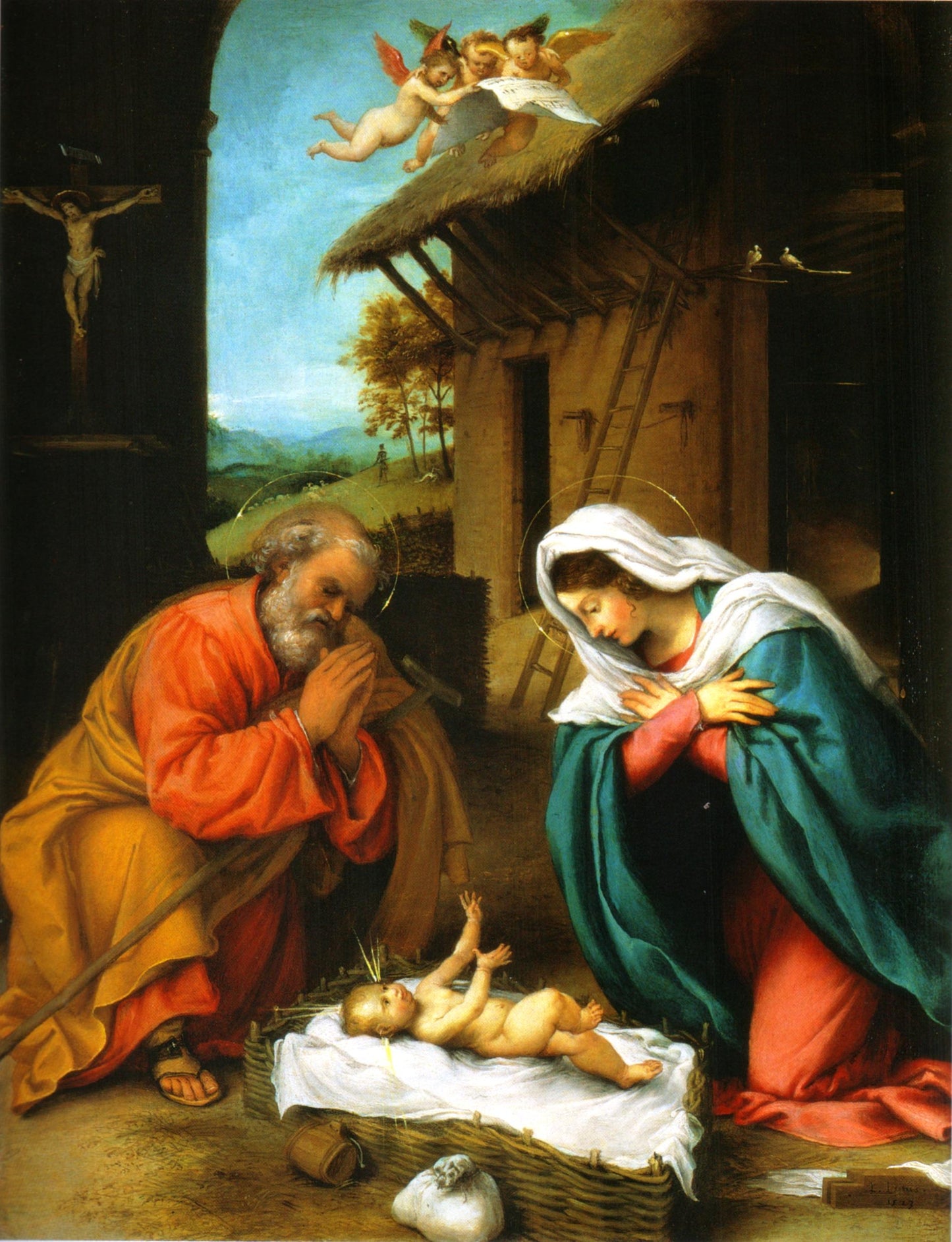 Jesus Adoration of the Christ Child by Lorenzo Lotto 1523 AD. Painting Tapestry Catholic Christian Orthodox Icon Bible Scripture Christ Gift