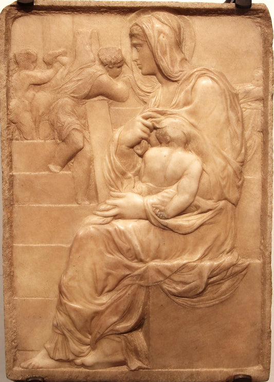 Jesus Mary Michelangelo Madonna of the Stairs c1491 Florence Sculpture Tapestry Catholic Christian Orthodox Icon Bible Scripture Christ Gift