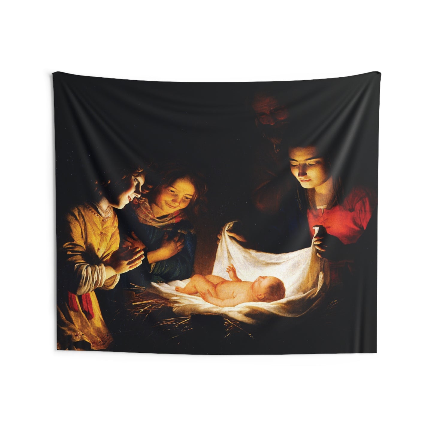 Jesus Adoration of the Child by Gerard van Honthorst 1620 Oil Painting Tapestry Catholic Christian Orthodox Icon Bible Scripture Christ Gift